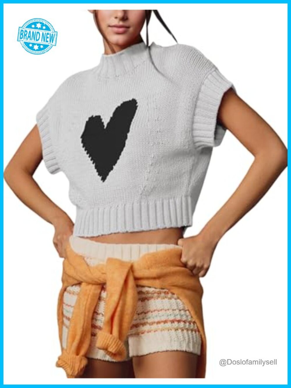 Womens 100% Cotton Mock Neck Sweater Vest Cap Sleeve Heart Knit Tank Top
